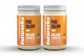 Fatworks Organic Grass-Fed Beef Tallow bottle pour, ideal for roasting and sautéing.