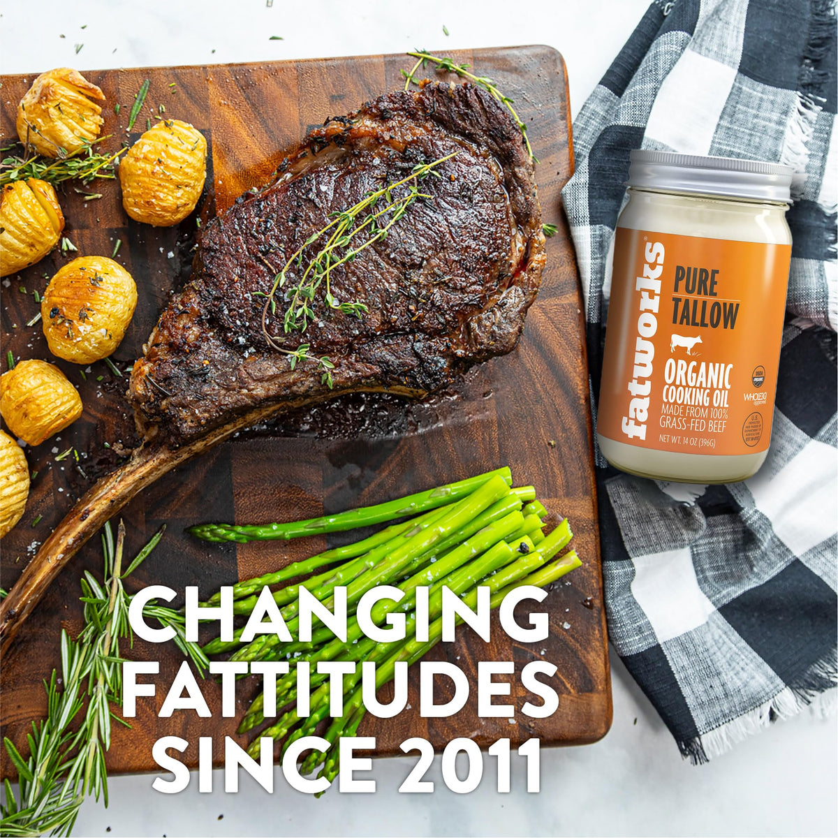 Fatworks grass-fed beef tallow in a pan for high-heat searing and flavor.