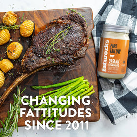 Fatworks grass-fed beef tallow in a pan for high-heat searing and flavor.