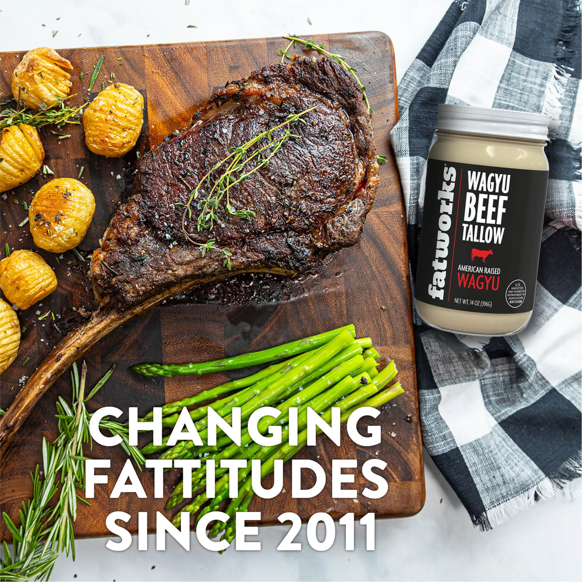 Fatworks Wagyu Tallow on grill with steak demonstrates versatile fat for searing