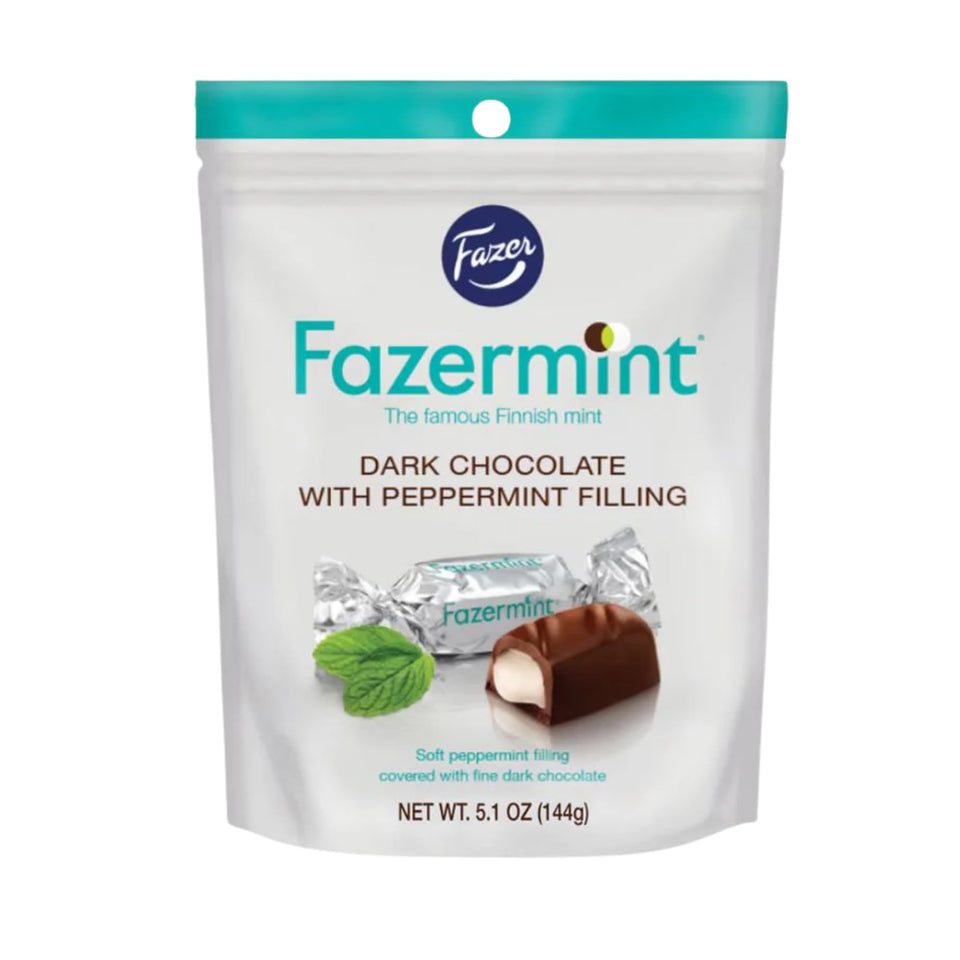 Fazermint Dark Chocolate Peppermint Creams pack close-up shows glossy squares for a refreshing treat.
