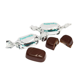 Fazermint dark chocolate peppermint creams close-up on a cake stand, ideal for dessert pairing.