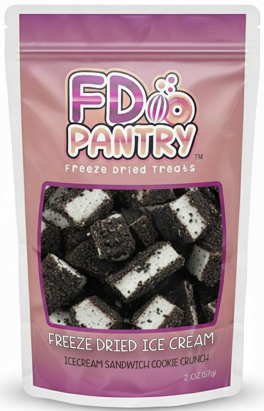FD Pantry Freeze-Dried Ice Cream Sandwich Bites close-up showing crispy texture for satisfying snacking.