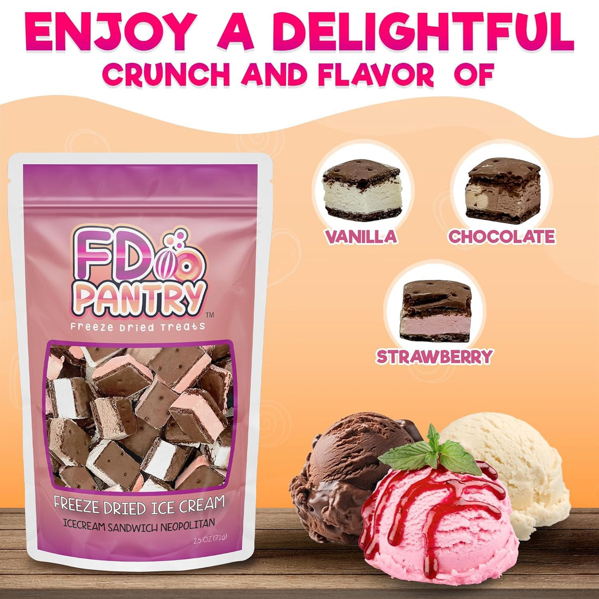 FD Pantry ice cream sandwich bites in Neapolitan flavors deliver rich vanilla, strawberry, and chocolate.