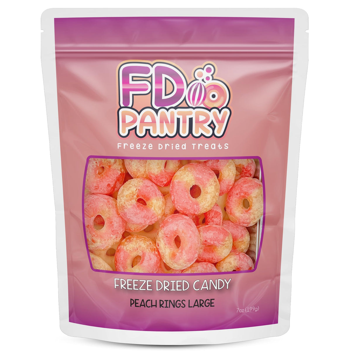 FD Pantry Freeze-Dried Peach Rings pack shown with resealable bag for fresh crunch on the go.
