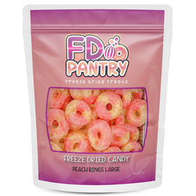 FD Pantry Freeze-Dried Peach Rings pack shown with resealable bag for fresh crunch on the go.
