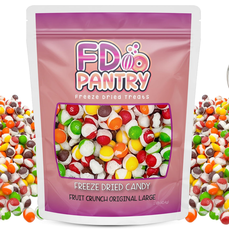 FD Pantry Fruit Crunch original freeze-dried candy in a 1lb bag for on-the-go snacking.