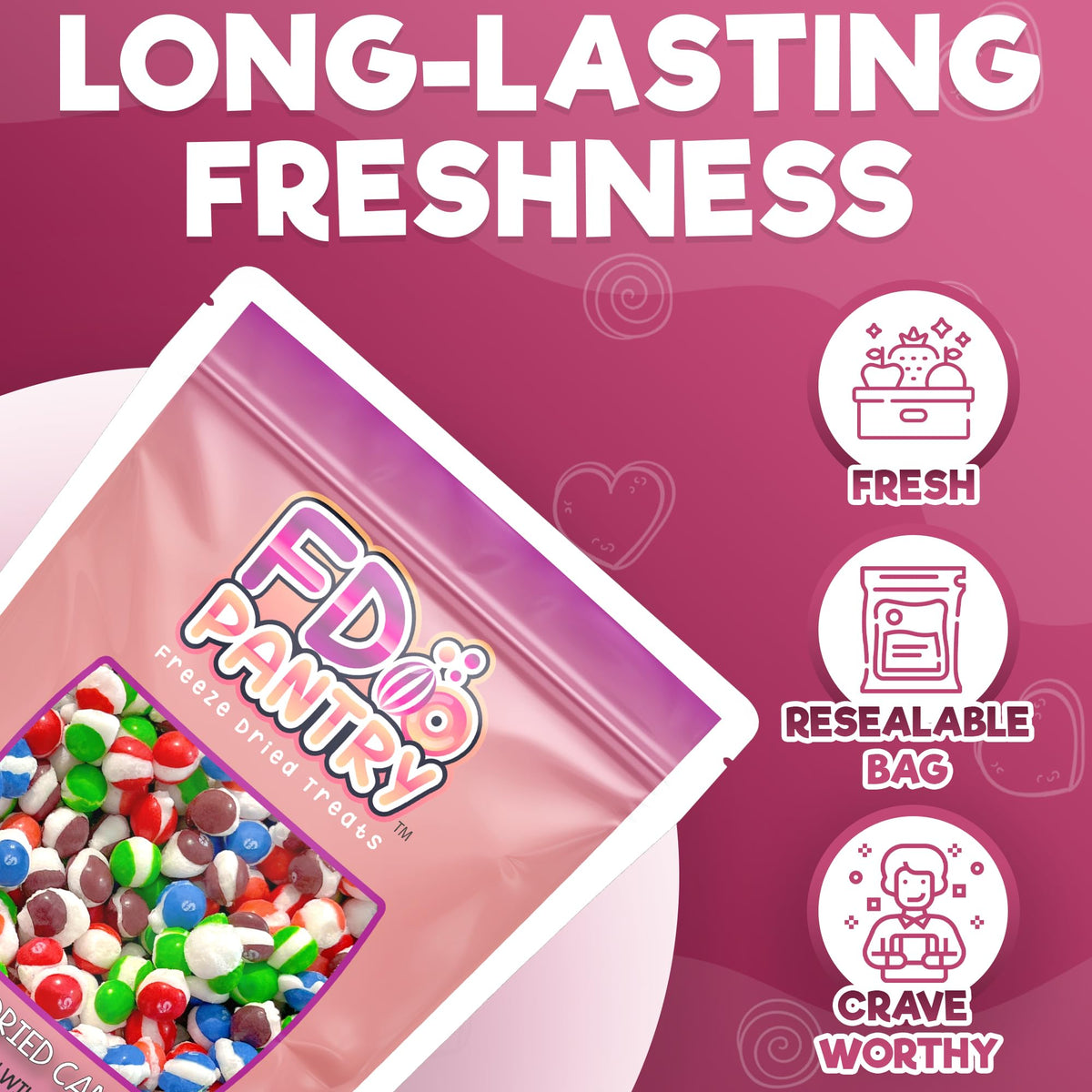 FD Pantry Wildberry candy close-up emphasizing crunchy bite and berry flavors