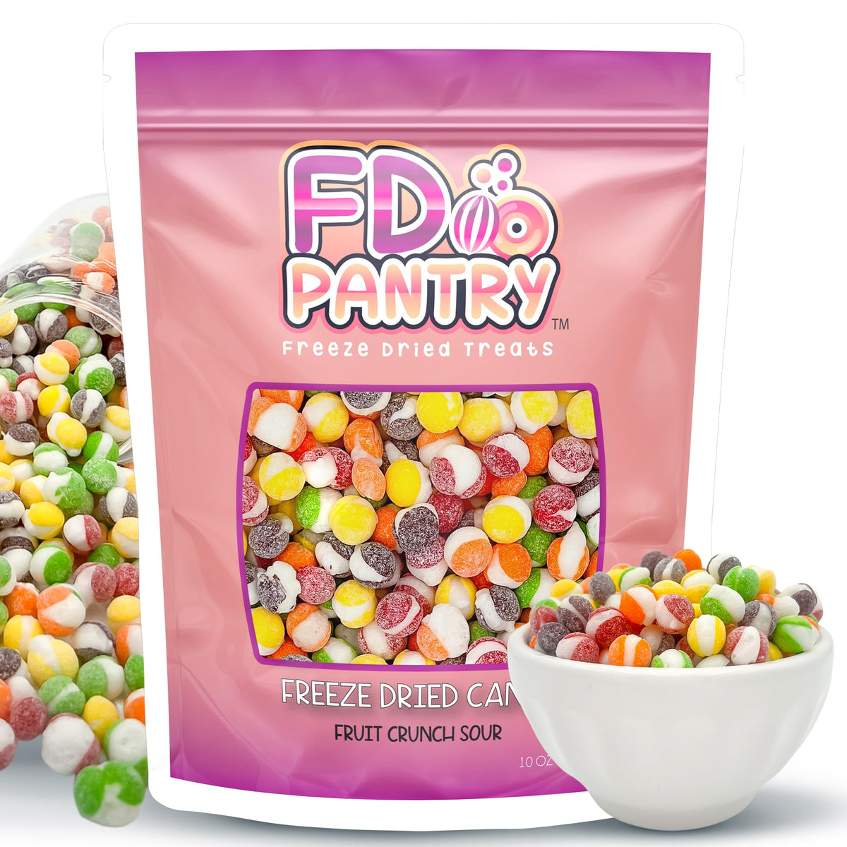 FD Pantry Fruit Crunch Sour Freeze Dried Candy bag open showing colorful flavors.