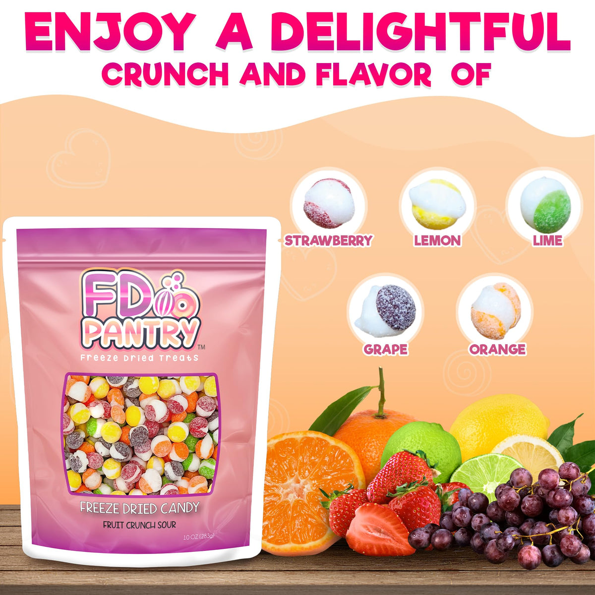 FD Pantry Fruit Crunch Sour Freeze Dried Candy variety display highlights mix.