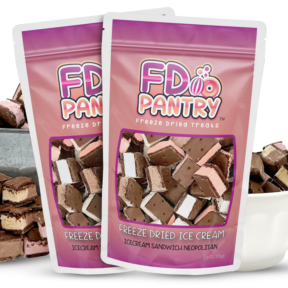 FD Pantry Freeze Dried Ice Cream Neapolitan bites pack closeup for flavorful snacking.