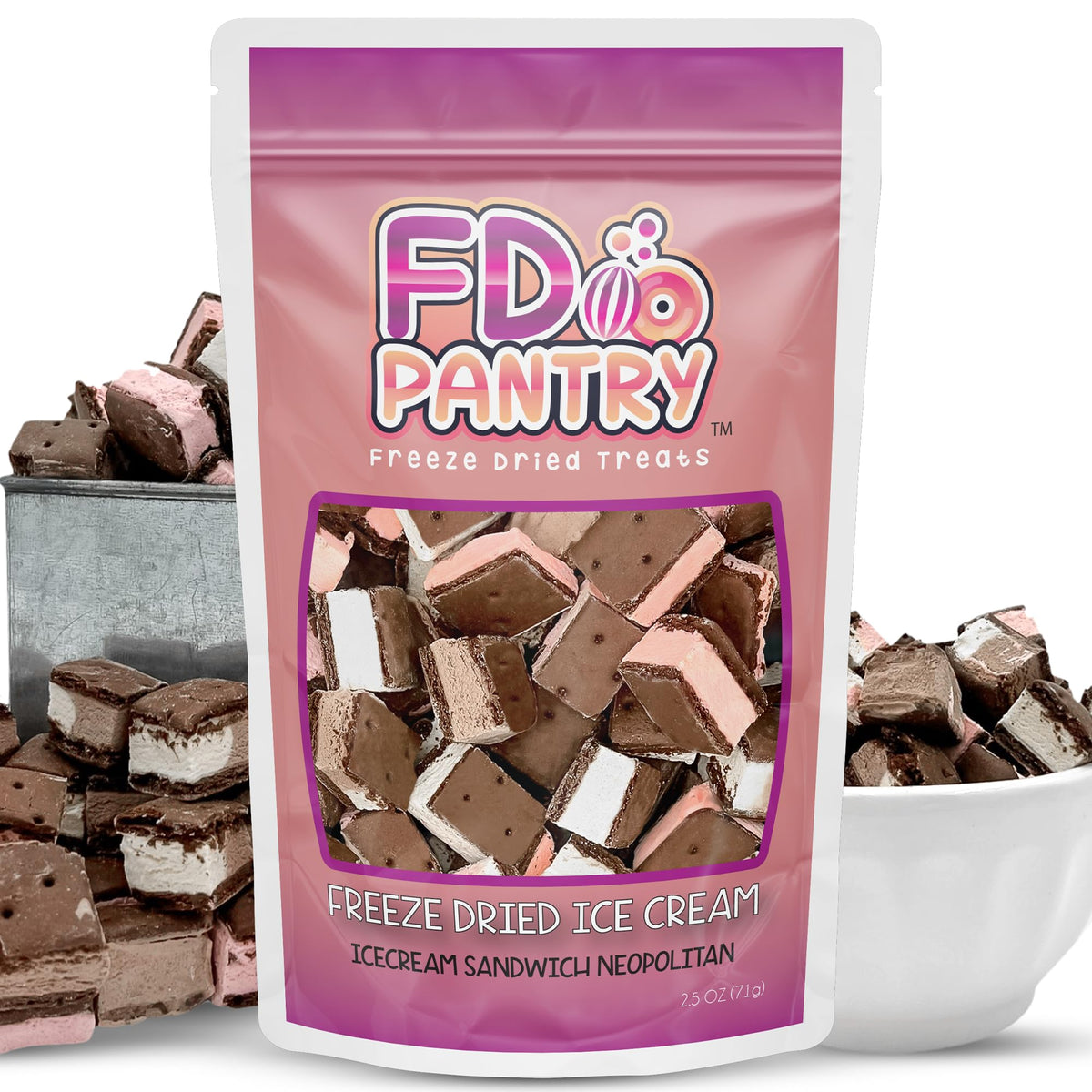 FD Pantry Neapolitan freeze-dried bites in a bag, crisp and portable.
