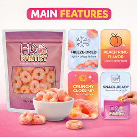 Close-up of FD Pantry Peach Rings highlighting crisp texture and fruity sweetness.