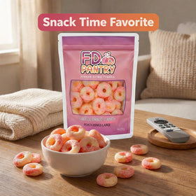 FD Pantry Peach Rings on-the-go image suggests portable snack for outdoor activities.