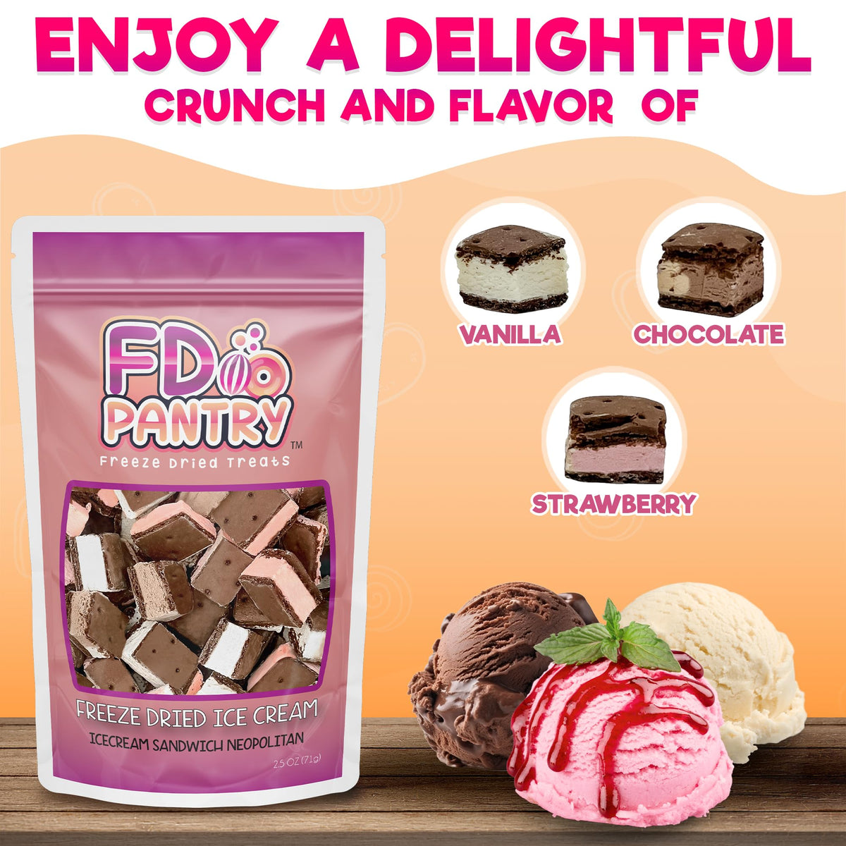 FD Pantry Vanilla Neapolitan bites, light, flavorful, on the go.