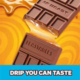 A caramel center inside the Feastables MrBeast bar, showing a creamy melt.