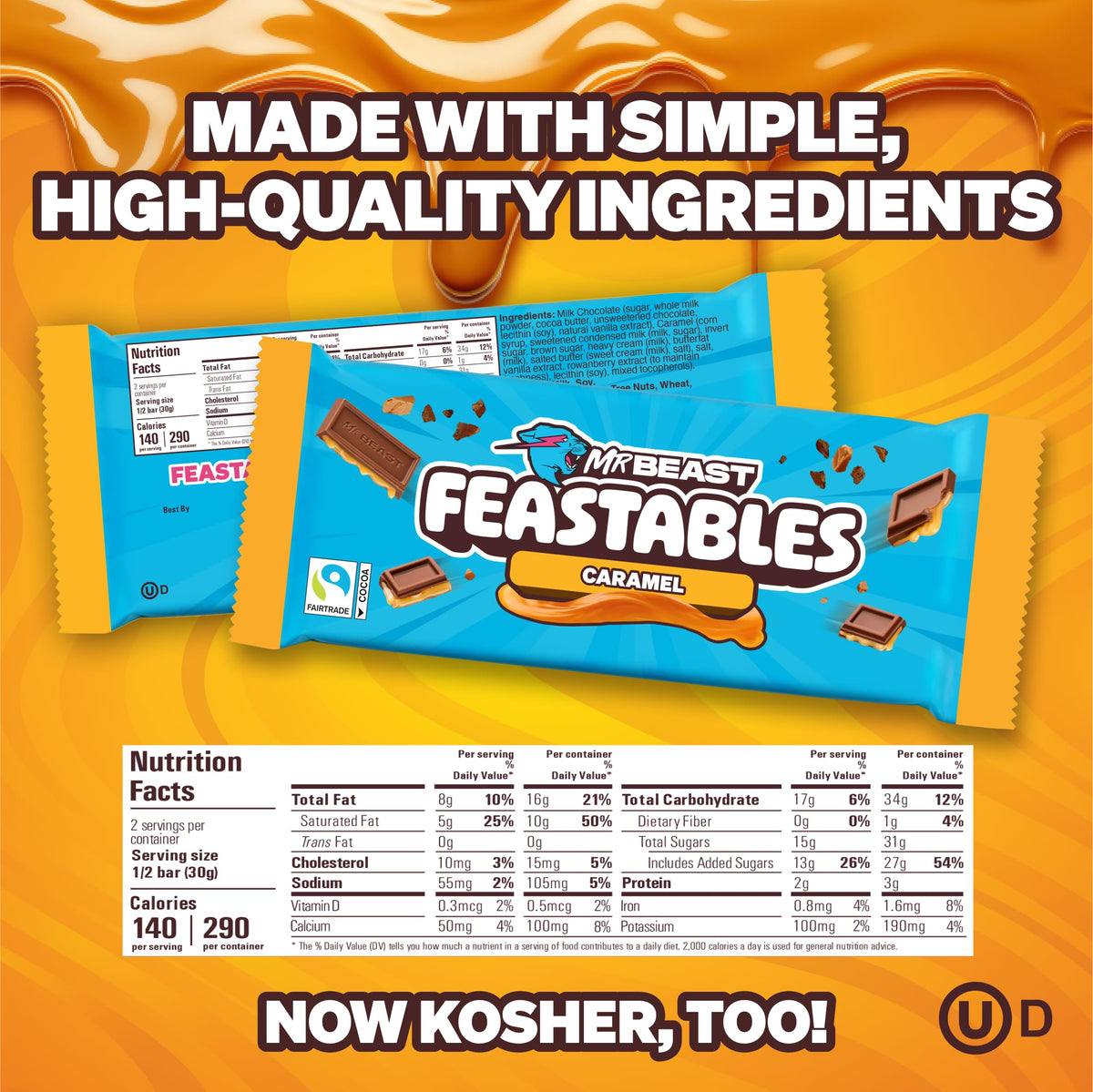Single Feastables MrBeast caramel bar square, convenient quick treat for anytime.