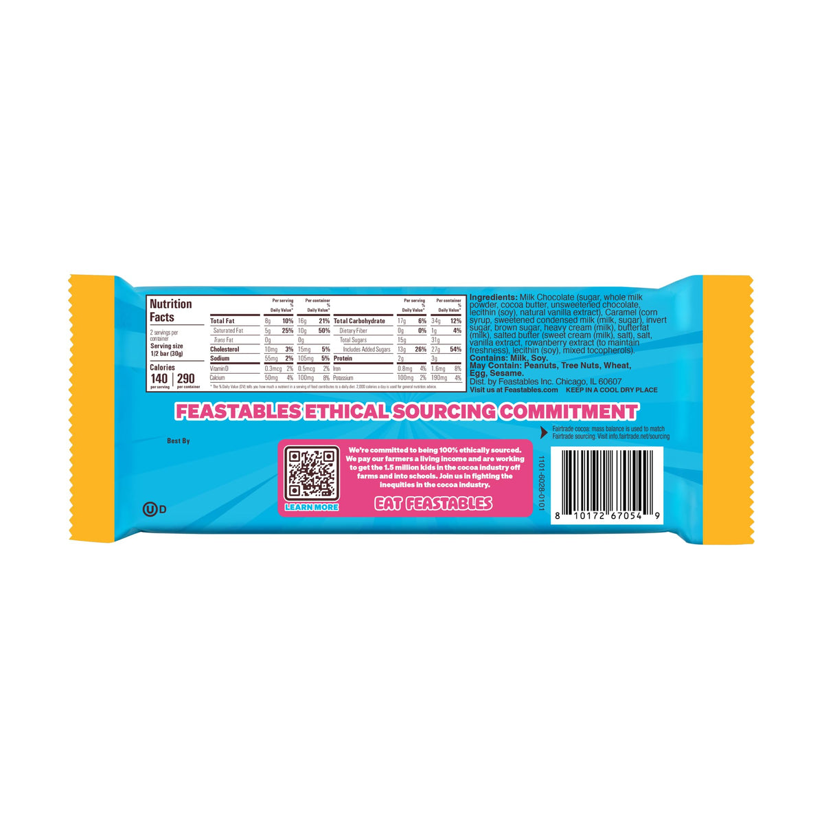 Fairtrade cocoa emblem and Feastables branding on the MrBeast caramel bar.