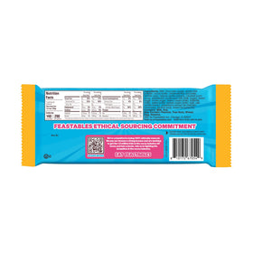 Fairtrade cocoa emblem and Feastables branding on the MrBeast caramel bar.