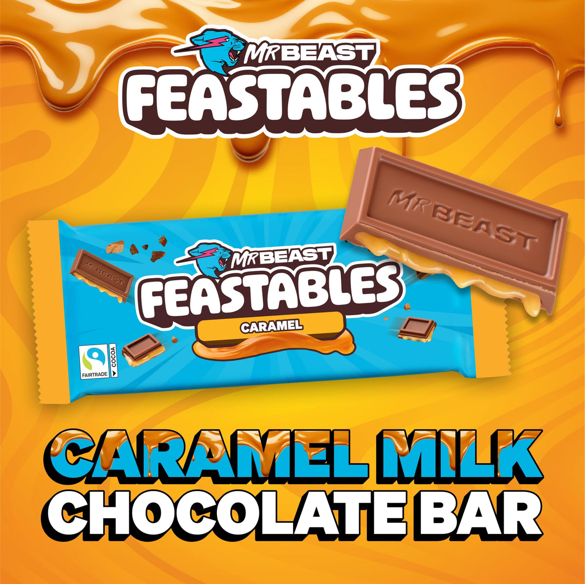 Close-up of a king-size Feastables MrBeast bar ready to break apart for snacks.