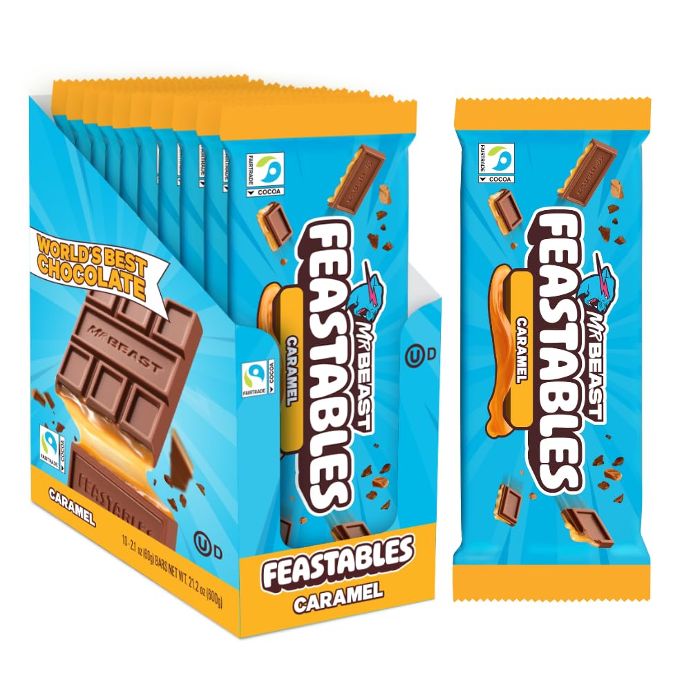 Feastables MrBeast caramel bar king-size pack with milk chocolate and caramel center, ideal for sharing.
