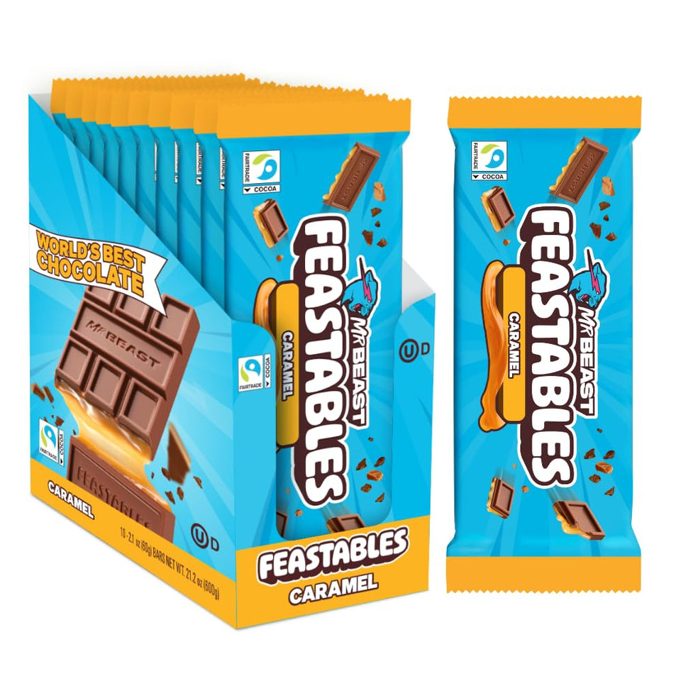 Feastables MrBeast caramel bar king-size pack with milk chocolate and caramel center, ideal for sharing.