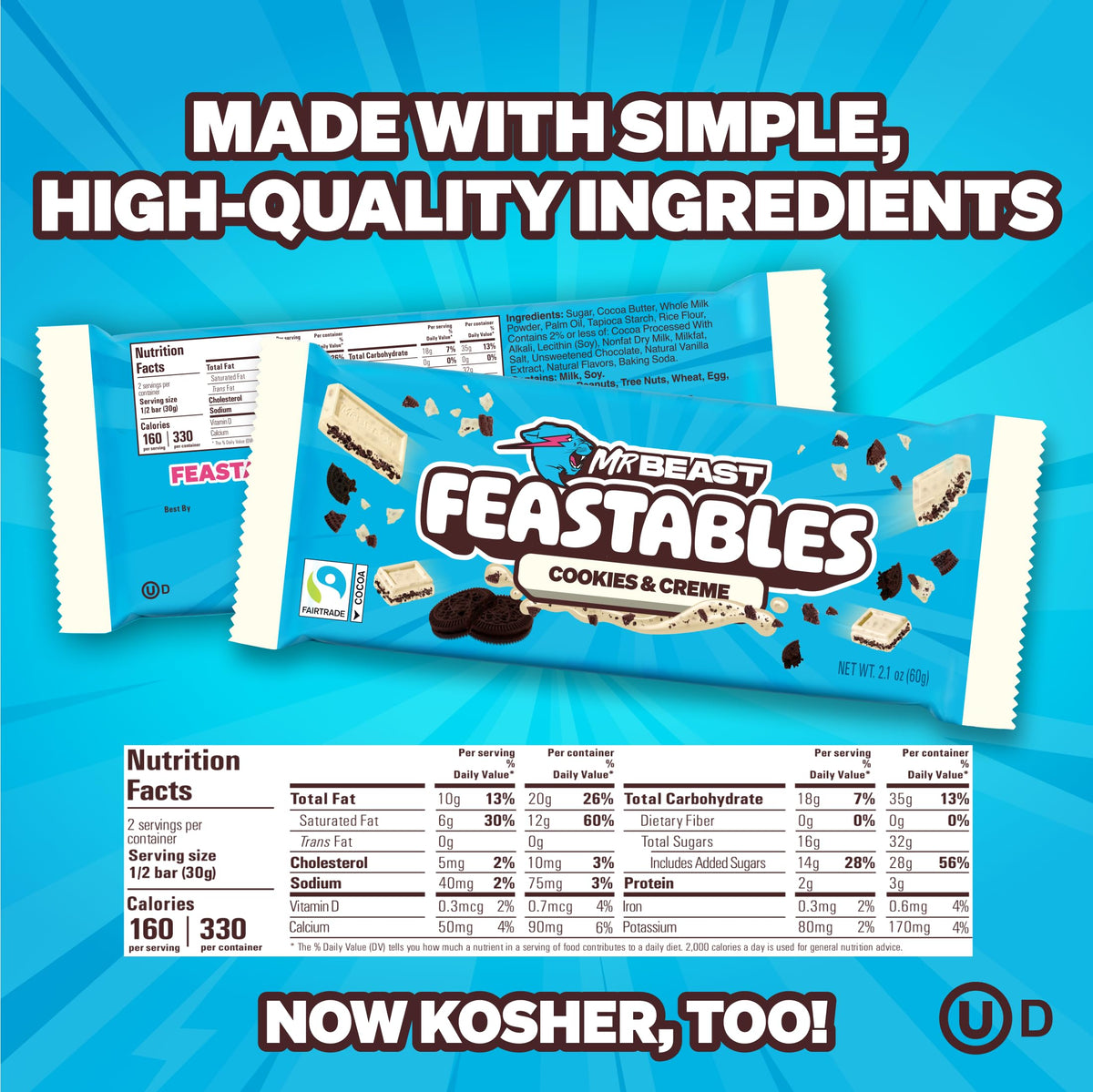 Feastables MrBeast Cookies & Creme bar close up shows cookie pieces for texture.