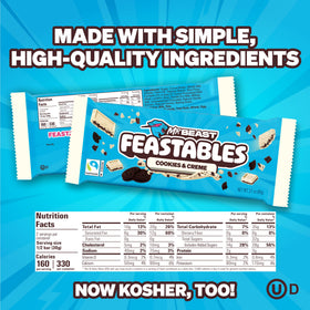 Feastables MrBeast Cookies & Creme bar close up shows cookie pieces for texture.