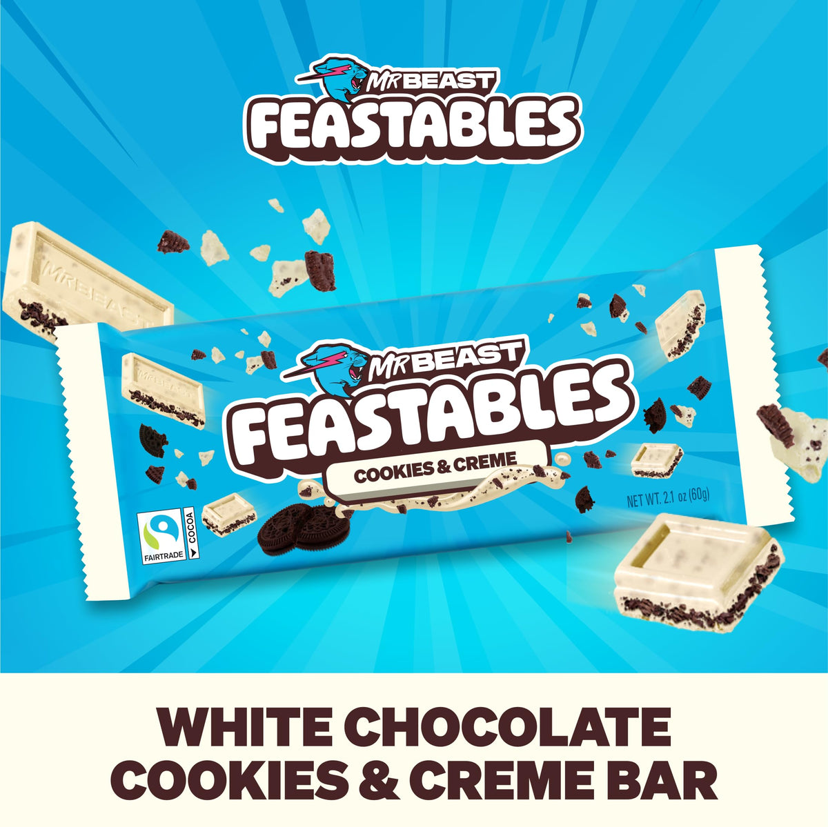 Feastables MrBeast Cookies & Creme bar king size ready to share with friends.