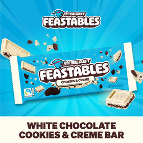 Feastables MrBeast Cookies & Creme bar king size ready to share with friends.