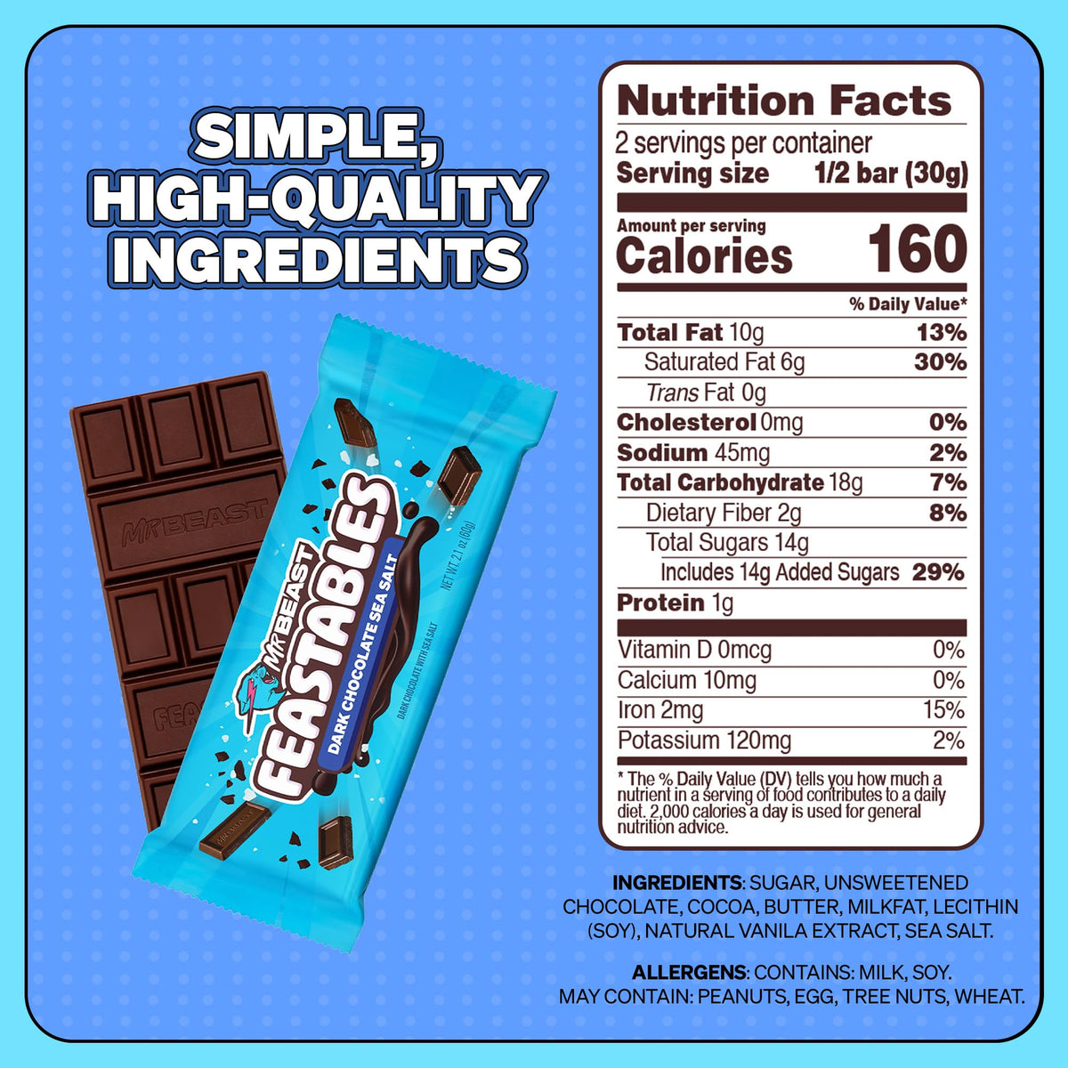 Feastables MrBeast dark chocolate sea salt bar close-up highlighting balanced flavor.