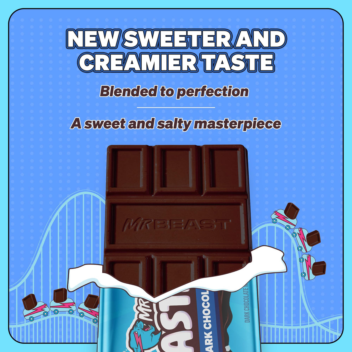Feastables MrBeast dark chocolate sea salt bars snack imagery promoting convenient portions.