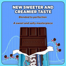 Feastables MrBeast dark chocolate sea salt bars snack imagery promoting convenient portions.