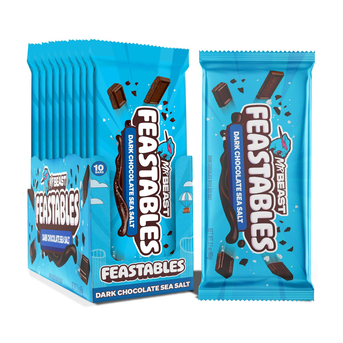 Feastables MrBeast dark chocolate sea salt king size pack close-up for tasting and sharing.
