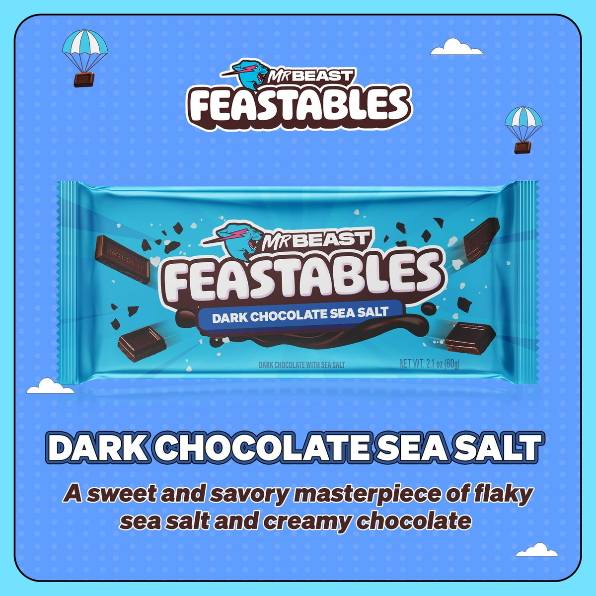 Feastables MrBeast dark chocolate sea salt packaging close-up showcases premium Fairtrade cocoa.
