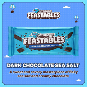Feastables MrBeast dark chocolate sea salt packaging close-up showcases premium Fairtrade cocoa.