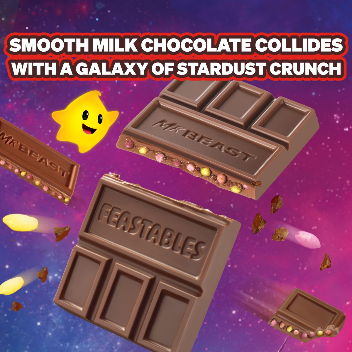 Feastables Galaxy Cocoa Crunch bar with colorful stardust crunch enhances movie-night visuals