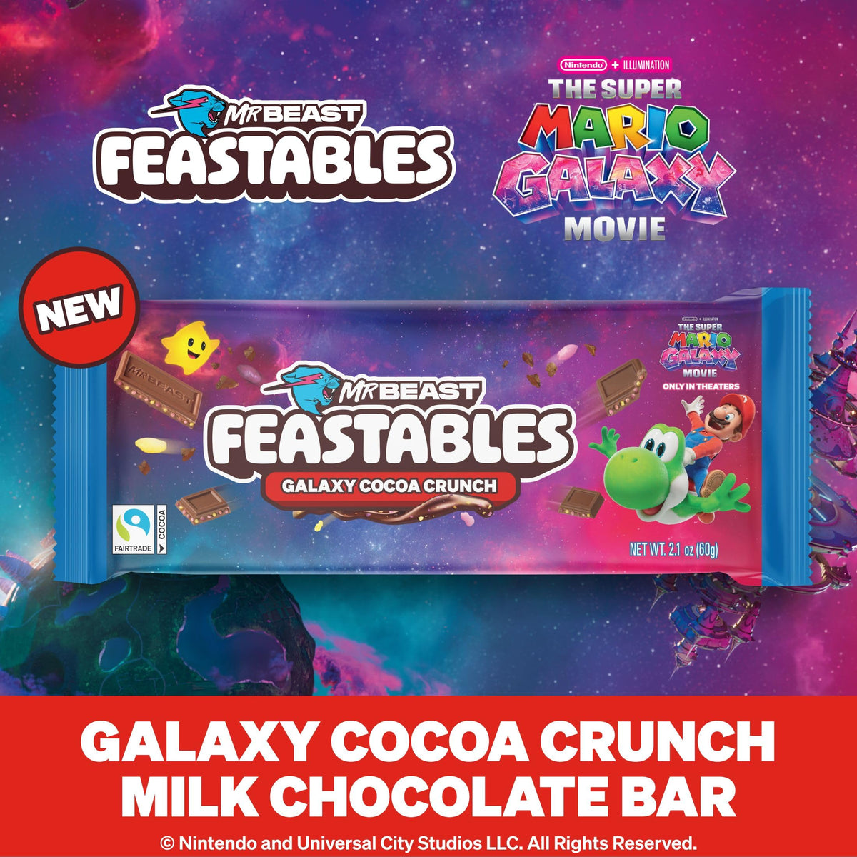 MrBeast Galaxy Cocoa Crunch bar cross-section reveals fluffy filling and crunchy texture