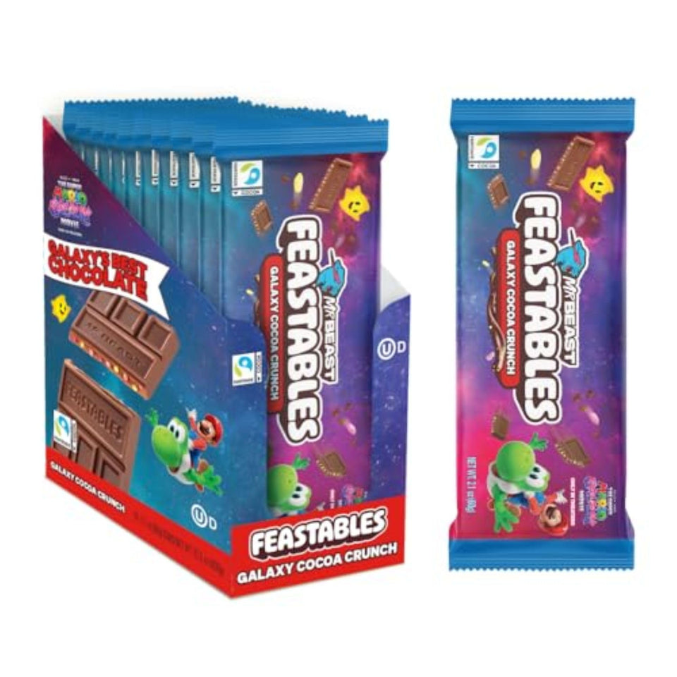 Feastables MrBeast Galaxy Cocoa Crunch bar packaging shows vibrant galaxy colors for gift-ready appeal