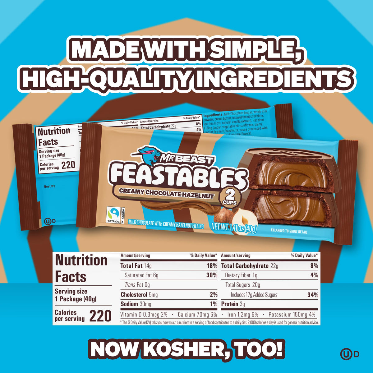 Fairtrade cocoa label highlighted on Feastables packaging for ethical sourcing.