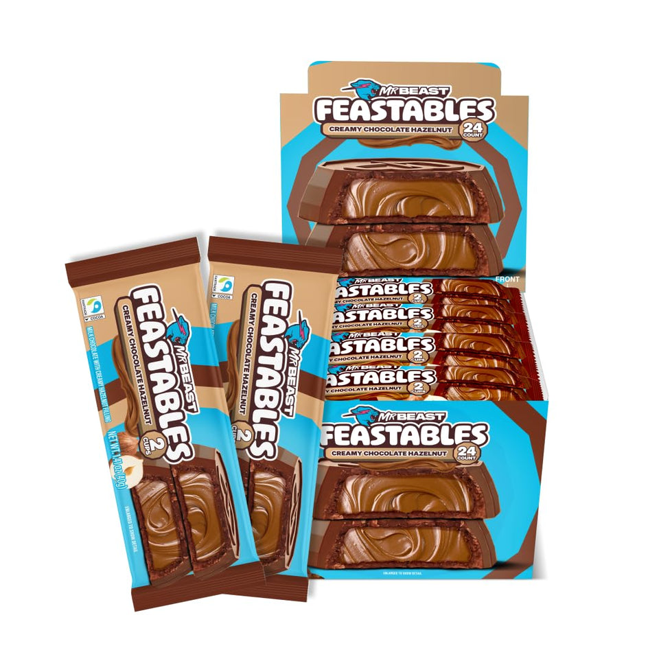 Feastables MrBeast Hazelnut Cups two-pack box for easy, on-the-go snacking.