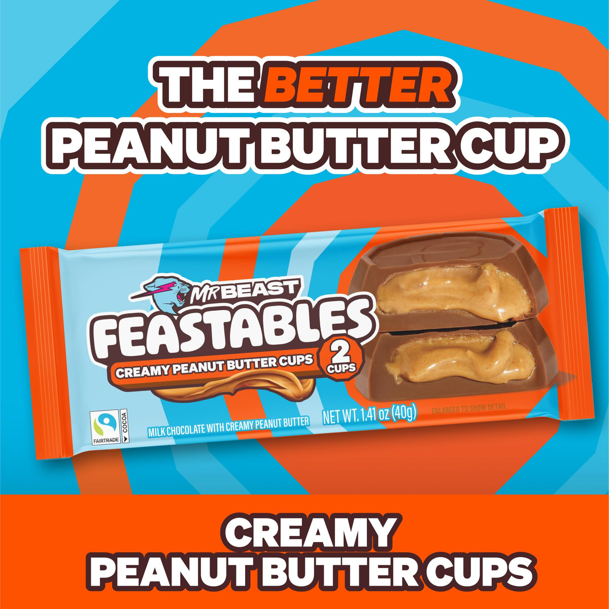 Feastables MrBeast milk chocolate close-up with creamy peanut butter center.