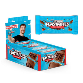 Feastables MrBeast Milk Chocolate Crunch Bar full-size box shows creamy chocolate with crispy puffed rice