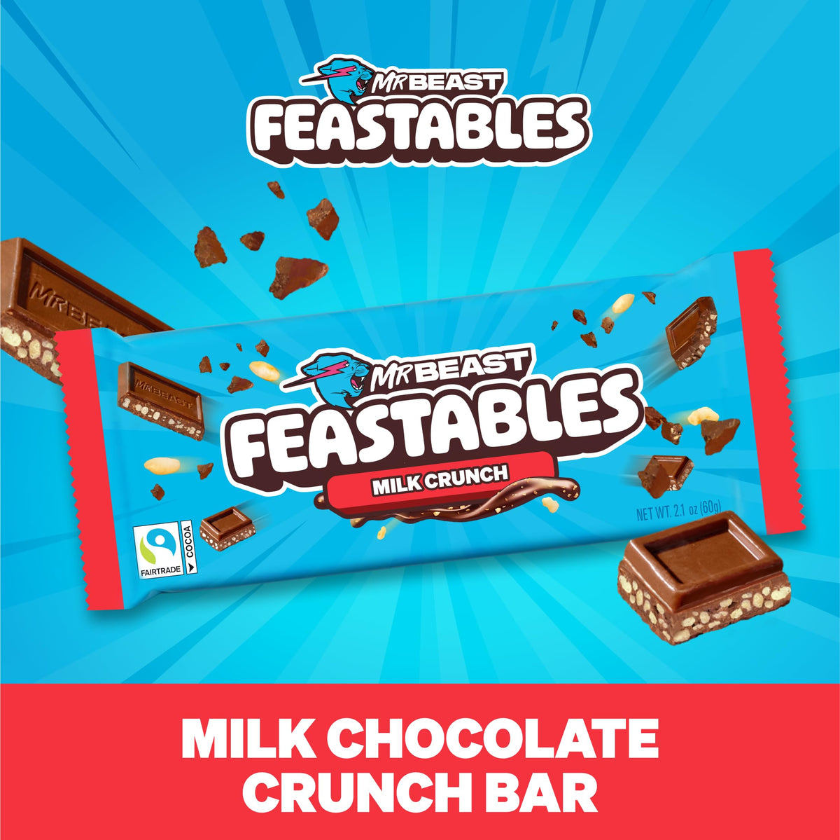 Feastables MrBeast Milk Chocolate Crunch Bar crisped rice detail highlights the crunch.