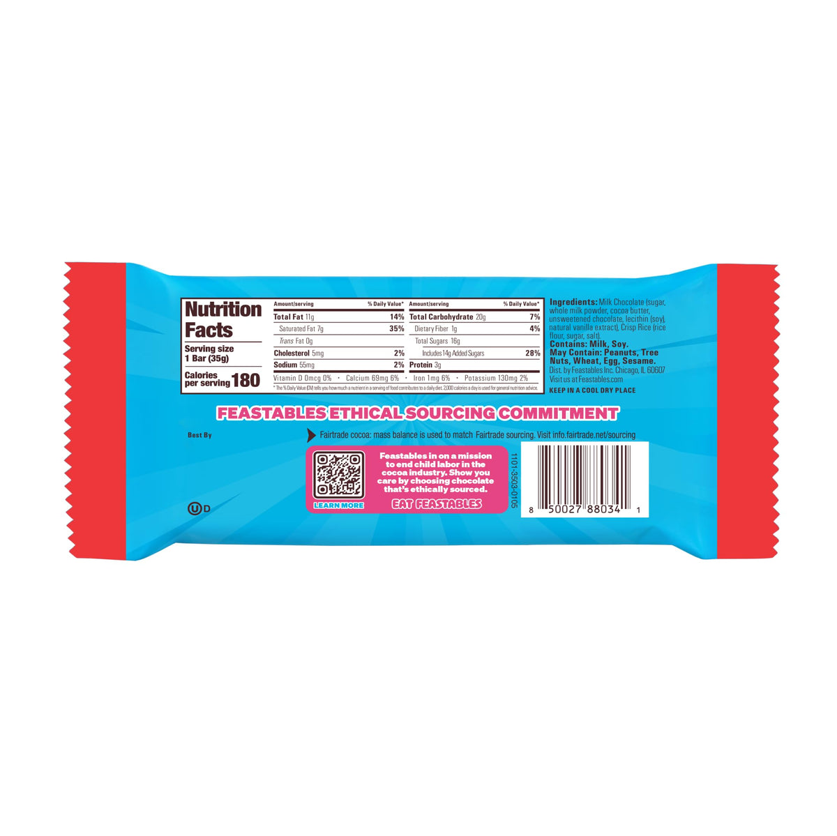 Feastables MrBeast wrapper featuring Fairtrade cocoa logo