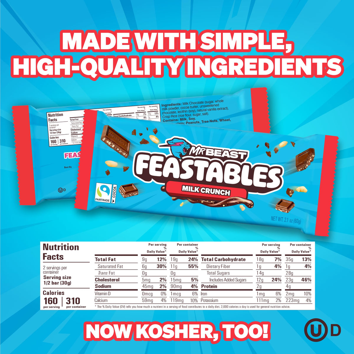 Feastables MrBeast Milk Chocolate Crunch Bar ingredients label shows a clean recipe.