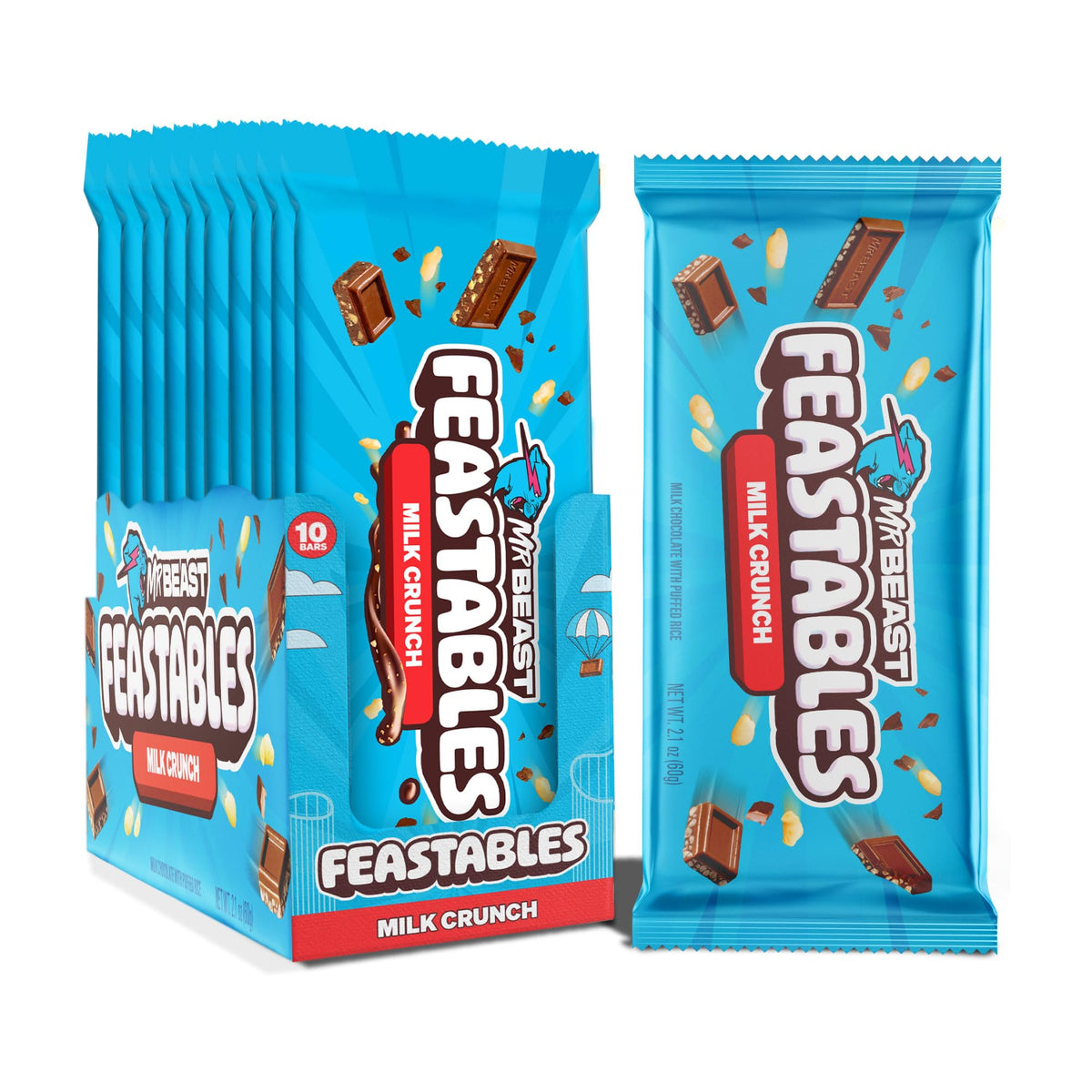 Feastables MrBeast Milk Chocolate Crunch Bar unwrapped for quick sharing.