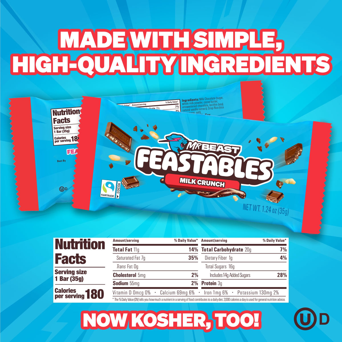 Feastables MrBeast Milk Chocolate Crunch Bar unwrapped shows smooth chocolate and light crunch
