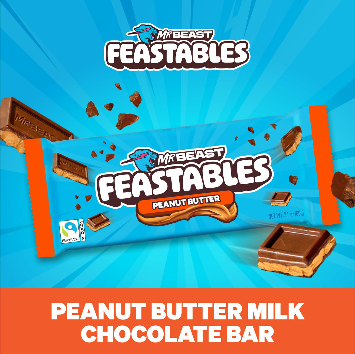 Creamy milk chocolate with peanut butter texture in MrBeast Feastables bar.