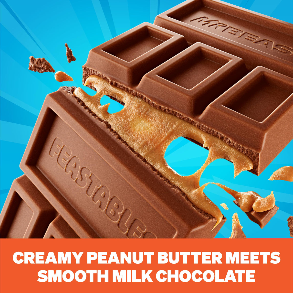 Cross-section shows creamy peanut butter center inside Feastables MrBeast bar.